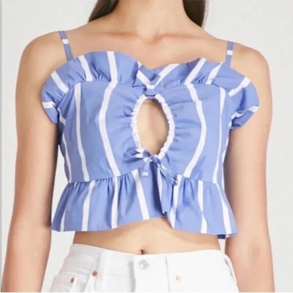 Maje Size 3 Lesley Top Cropped Striped Poplin Ruffles Cut Out Blue White Size L.